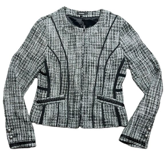 EXPRESS VTG Tweed Metallic Plaid Black Silver Jacket Coat Women's Size Small - Picture 1 of 11
